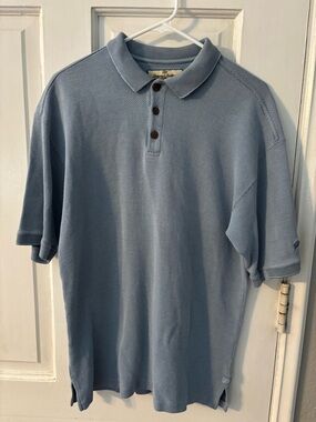 Tommy Bahama Men M Polo Blue Silk Cotton Solid Short Sleeve Embroidered Button